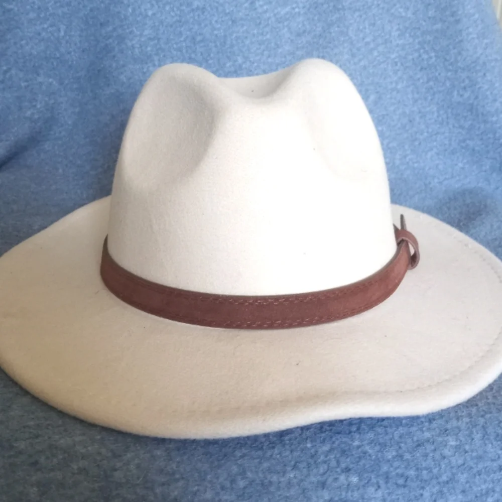NWOT Cream Wool Panama Fedora Hat Medium Wide Brim Leather Band - Picture 3 of 9